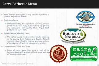 Carve	
  Barbecue	
  Menu	
  
¢  Menu includes the highest quality, all-natural proteins &
produce, key vendors include:
¢  Creekstone Farms
¢  USDA-certified by the Agriculture Marketing Service
(AMS) and supplies many of the nation’s top grocers
and restaurants with quality Black Angus Beef
products and Duroc pork.
¢  Boulder Natural & Redbird Farms
¢  The highest quality, most consistent poultry suppliers
in the country. Both Redbird and Boulder Natural
maintain industry leading ranching practices and are
chosen by many fine dining restaurants for chicken.
¢  Craft Brews and Maine Root Soda
¢  Carve will serve Maine Root soda in each of its
locations, along with a variety of local beers, such as
90 Schilling in Colorado.
10
©2015	
  Southern	
  Concepts	
  Restaurant	
  Group,	
  Inc.	
  All	
  Rights	
  Reserved	
  
 