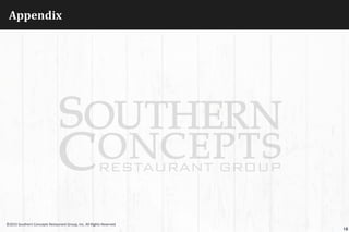 Appendix	
  
18
©2015	
  Southern	
  Concepts	
  Restaurant	
  Group,	
  Inc.	
  All	
  Rights	
  Reserved	
  
 