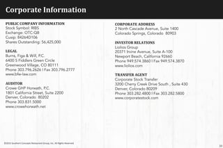 Corporate	
  Information	
  
20
PUBLIC	
  COMPANY	
  INFORMATION	
  
Stock Symbol: RIBS
Exchange: OTC:QB
Cusip: 84264D106
Shares Outstanding: 56,425,000
LEGAL	
  
Burns, Figa & Will, P.C.
6400 S Fiddlers Green Circle
Greenwood Village, CO 80111
Phone 303.796.2626 | Fax 303.796.2777
www.bfw-law.com
AUDITOR	
  
Crowe GHP Horwath, P.C. 
1801 California Street, Suite 2200
Denver, Colorado 80202
Phone 303.831.5000
www.crowehorwath.net
	
  
CORPORATE	
  ADDRESS	
  
2 North Cascade Avenue, Suite 1400
Colorado Springs, Colorado 80903
INVESTOR	
  RELATIONS	
  
Liolios Group
20371 Irvine Avenue, Suite A-100
Newport Beach, California 92660
Phone 949.574.3860 | Fax 949.574.3870
www.liolios.com
TRANSFER	
  AGENT	
  
Corporate Stock Transfer
3200 Cherry Creek Drive South , Suite 430
Denver, Colorado 80209
Phone 303.282.4800 | Fax 303.282.5800
www.corporatestock.com
	
  
©2015	
  Southern	
  Concepts	
  Restaurant	
  Group,	
  Inc.	
  All	
  Rights	
  Reserved	
  
 