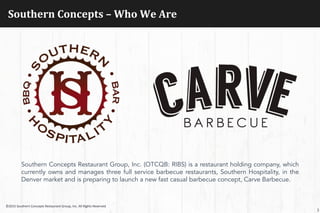 Southern	
  Concepts	
  –	
  Who	
  We	
  Are	
  
3
©2015	
  Southern	
  Concepts	
  Restaurant	
  Group,	
  Inc.	
  All	
  Rights	
  Reserved	
  
Southern Concepts Restaurant Group, Inc. (OTCQB: RIBS) is a restaurant holding company, which
currently owns and manages three full service barbecue restaurants, Southern Hospitality, in the
Denver market and is preparing to launch a new fast casual barbecue concept, Carve Barbecue.
 