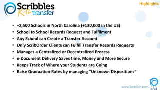 • +2,500 Schools in North Carolina (+130,000 in the US)
• School to School Records Request and Fulfilment
• Any School can Create a Transfer Account
• Only ScribOrder Clients can Fulfill Transfer Records Requests
• Manages a Centralized or Decentralized Process
• e-Document Delivery Saves time, Money and More Secure
• Keeps Track of Where your Students are Going
• Raise Graduation Rates by managing “Unknown Dispositions”
Highlights
 