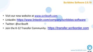 • Visit our new website at www.scribsoft.com
• LinkedIn: https://www.linkedin.com/company/scribbles-software
• Twitter: @scribsoft
• Join the K-12 Transfer Community: https://transfer.scriborder.com
Scribbles Software 2.0.19
 