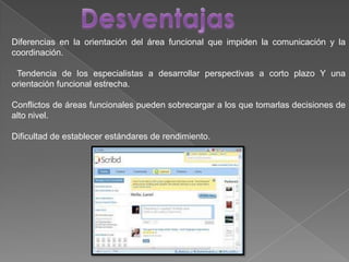 Diferencias en la orientación del área funcional que impiden la comunicación y la
coordinación.
Tendencia de los especialistas a desarrollar perspectivas a corto plazo Y una
orientación funcional estrecha.
Conflictos de áreas funcionales pueden sobrecargar a los que tomarlas decisiones de
alto nivel.
Dificultad de establecer estándares de rendimiento.
 
