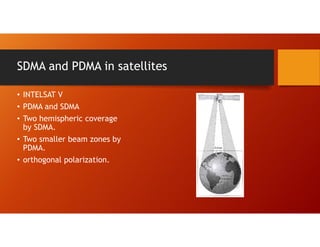 SDMA and PDMA in satellites
• INTELSAT V
• PDMA and SDMA
• Two hemispheric coverage
by SDMA.
• Two smaller beam zones by
PDMA.
• orthogonal polarization.
 