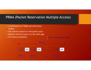 PRMA (Packet Reservation Multiple Access)
 A combination of TDMA and reservation
ALOHA
 Ask channel resource in the packet spurt.
 Release channel resource in the silent gap
 Permission probability Effect of voice activity detector
Frame N
B->M ACK B->M B->M
ACK ACK
.
.
.
.
.
.
.
.
.
.
.
M->B M->B .
.
. M->B
 