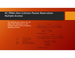 NC-PRMA (Non-Collision Packet Reservation
Multiple Access)
The existing users inform the BS
about their demands in a non-
collision manner (time-frequency
signaling scheme)
Ii : Information slot
CM i : Control minislot
C : Control slot
UID : Uplink user identifier
DID : Downlink user identifier
 