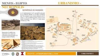 URBANISMO I
UNPRG- FUENTE: ANTROPOHISTORIA .COM
MENFIS - EGIPTO URBANISMO -
NECROPOLIS
es el emplazamiento de la necrópolis principal
de la ciudad de Menfis, en la ribera occidental
del Nilo, situada a unos treinta kilómetros de El
Cairo y 17 de la ciudad de Guiza. Estuvo en uso
desde la dinastía I (ca. 3050 a. C.) hasta época
cristiana (ca. 540).
NECRÓPOLIS DE SAQQARA
Representa el eslabón mas
importante en la cadena de
cementerios pertenecientes a la
antigua ciudad de Menfis
 