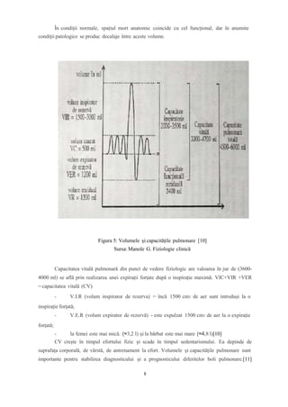 În condiții normale, spațiul mort anatomic coincide cu cel funcțional, dar în anumite
condiții patologice se produc decalaje între aceste volume.
Figura 5: Volumele și capacitățile pulmonare [10]
Sursa: Manole G. Fiziologie clinică
Capacitatea vitală pulmonară din punct de vedere fiziologic are valoarea în jur de (3600-
4000 ml) se află prin realizarea unei expirații forțate după o inspirație maximă. VIC+VIR +VER
= capacitatea vitală (CV)
- V.I.R (volum inspirator de rezerva) = încă 1500 cm3 de aer sunt introduși la o
inspirație forțată;
- V.E.R (volum expirator de rezervă) - este expulzat 1500 cm3 de aer la o expirație
forțată;
- la femei este mai mică. (≈3,2 l) și la bărbat este mai mare (≈4,8 l)[10]
CV crește în timpul efortului fizic și scade în timpul sedentarismului. Ea depinde de
suprafața corporală, de vârstă, de antrenament la efort. Volumele și capacitățile pulmonare sunt
importante pentru stabilirea diagnosticului și a prognosticului diferitelor boli pulmonare.[11]
9
 