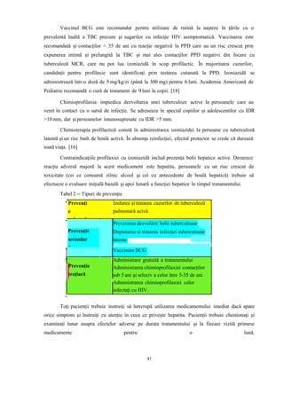 Prevenție
trețiară
Vaccinul BCG este recomandat pentru utilizare de rutină la naştere în ţările cu o
prevalentă înaltă a TBC precum şi sugarilor cu infecţie HIV asimptomatică. Vaccinarea este
recomandată şi contacţilor < 35 de ani cu reacţie negativă la PPD care au un risc crescut prin
expunerea intimă şi prelungită la TBC şi mai ales contacţilor PPD negativi din focare cu
tuberculoză MCR, care nu pot lua izoniazidă în scop profilactic. În majoritatea cazurilor,
candidaţii pentru profilaxie sunt identificaţi prin testarea cutanată la PPD. Izoniazidă se
administrează într-o doză de 5 mg/kg/zi (până la 300 mg) pentru 6 luni. Academia Americană de
Pediatrie recomandă o cură de tratament de 9 luni la copii. [18]
Chimioprofilaxia: impiedica dezvoltarea unei tuberculoze active la persoanele care au
venit în contact cu o sursă de infecție. Se adreseaza în special copiilor și adolescentilor cu IDR
>10 mm, dar și persoanelor imunosupresate cu IDR >5 mm.
Chimioterapia profilactică constă în administrarea izoniazidei la persoane cu tuberculoză
latentă şi un risc înalt de boală activă. În absenţa reinfecţiei, efectul protector se crede că durează
toată viaţa. [16]
Contraindicaţiile profilaxiei cu izoniazidă includ prezenţa bolii hepatice active. Deoarece
reacţia adversă majoră la acest medicament este hepatita, persoanele cu un risc crescut de
toxicitate (cei ce consumă zilnic alcool şi cei cu antecedente de boală hepatică) trebuie să
efectueze o evaluare iniţială bazală şi apoi lunară a funcţiei hepatice în timpul tratamentului.
Tabel 2 – Tipuri de prevenție
Prevenți
e
primară
Izolarea și tratarea cazurilor de tuberculoză
pulmonară acivă
Prevenție
secundar
ă
Prevenirea dezvolării bolii tuberculoase
Depistarea și tratarea infecției tuberculoase
latente
Vaccinare BCG
Administrare gratuită a tratamentului
Administrarea chimioprofilaxiei contacților
sub 5 ani și seleciv a celor înre 5-35 de ani
Administrarea chimioprofilaxiei celor
infectați cu HIV.
Toţi pacienţii trebuie instruiţi să întrerupă utilizarea medicamentului imediat dacă apare
orice simptom și înstruiți cu atenţie în ceea ce priveşte hepatita. Pacienţii trebuie chestionaţi şi
examinaţi lunar asupra efectelor adverse pe durata tratamentului şi la fiecare vizită primesc
medicamente pentru o lună.
41
 