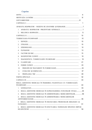 Cuprins
MOTTO:....................................................................................................................................................... II
MOTIVAȚIA LUCRĂRII .......................................................................................................................... III
LISTĂ ABREVIERI ...................................................................................................................................IV
CAPITOLUL I ............................................................................................................................................. 1
APARATUL RESPIRATOR -NOȚIUNI DE ANATOMIE ȘI FIZIOLOGIE..........................................1
1. APARATUL RESPIRATOR -PREZENTARE GENERALĂ........................................................ 1
2. MECANICA RESPIRAȚIEI............................................................................................................ 5
CAPITOLUL II.......................................................................................................................................... 10
TUBERCULOZA PULMONARĂ ............................................................................................................ 10
1. DEFINIȚIE..................................................................................................................................... 10
2. ETIOLOGIE................................................................................................................................... 10
3. EPIDEMIOLOGIE......................................................................................................................... 10
4. PATOGENIE ................................................................................................................................. 13
5. FACTORI DE RISC....................................................................................................................... 15
6. MANIFESTĂRI CLINICE ............................................................................................................ 16
7. DIAGNOSTICUL TUBERCULOZEI PULMONARE ................................................................. 18
8. CLASIFICARE .............................................................................................................................. 21
9. FORME CLINICE ......................................................................................................................... 23
10. PRINCIPII DE TRATAMENT ÎN TUBERCULOZĂ...............................................................34
11. EVOLUȚIE ȘI COMPLICAȚII................................................................................................. 37
12. PROFILAXIA TBC ................................................................................................................... 40
PARTEA SPECIALĂ ................................................................................................................................ 42
CAPIOLUL III ........................................................................................................................................... 43
ROLUL ASISTENTEI MEDICALE ÎN ÎNGRIJIREA PACIENTULUI CU TUBERCULOZĂ
PULMONARĂ .......................................................................................................................................... 43
1. GENERALITAȚI........................................................................................................................... 43
2. ROLUL ASISTENTRI MEDICALE ÎN SUPRAVEGHEREA FUNCȚIILOR VITALE.............44
3. ROLUL ASISTENTEI MEDICALE ÎN ADMINISTRAREA MEDICAMENTELOR................ 46
4. ROLUL ASISTENTEI MEDICALE ÎN ADMINISTRAREA MEDICAMENELOR
ANTITUBERCULOASE....................................................................................................................... 49
5. ROLUL ASISTENTEI MEDICALE ÎN RECOLTAREA PRODUSELOR BIOLOGICE ŞI
PATOLOGICE....................................................................................................................................... 51
6. ROLUL ASISTENTEI MEDICALE ÎN EFECTUAREA TEHNICILOR SPECIFICE IMPUSE
DEAFECȚIUNE ................................................................................................................................... 54
VI
 