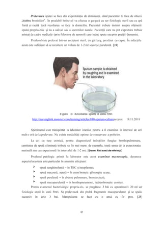 Prelevarea sputei se face din expectorația de dimineață, când pacientul îți face de obicei
„toaleta bronhiilor”. În prealabil bolnavul va efectua o gargară cu ser fiziologic steril sau cu apă
fiartă și racită dacă recoltarea se face la domiciliu. Pacientul trebuie instruit asupra obținerii
sputei propriu-zise și nu a salivei sau a secretiilor nazale. Pacienții care nu pot expectora trebuie
asistați de cadre medicale (prin folosirea de aerosoli care induc sputa sau prin poziții drenante).
Produsul este prelevat într-un recipient steril, cu gât larg, prevăzut cu capac. În infecțiile
acute este suficient să se recolteze un volum de 1-2 ml secreție purulentă. [24]
Figura 16: Recoltarea sputei în cutia Petri
http://nursinglink.monster.com/training/articles/880-sputum-cultureaccesat 18.11.2018
Specimenul este transportat la laborator imediat pentru a fi examinat în interval de cel
mult o oră de la prelevare. Nu exista modalități optime de conservare a probelor.
La cei cu tuse cronică, pentru diagnosticul infecțiilor fungice bronhopulmonare,
cantitatea de spută eliminată trebuie sa fie mai mare: de exemplu, toată sputa de la expectorația
matinală sau cea expectorată în intervalul de 1-2 ore. [Eroare! Fără sursă de referință.]
Produsul patologic primit la laborator este atent examinat macroscopic, deoarece
aspectul acestuia este particular în anumite afecțiuni:
spută sanghinolentă – în TBC și neoplasme;
spută mucoasă, aerată – în astm bronșic și bronșite acute;
spută purulentă – în abcese pulmonare, bronșiectazii;
spută mucopurulentă – în bronhopneumonii, traheobronșite cronice.
Pentru examenul bacteriologic propriu-zis, se pregătesc 3 băi cu aproximativ 20 ml ser
fiziologic steril în cutii Petri. Se prelevează din probă fragmente mucopurulente și se spală
succesiv în cele 3 bai. Manipularea se face cu o ansă cu fir gros. [25]
61
 