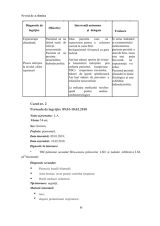 Nevoia de a elimina
Diagnostic de
îngrijire
Obiective
Intervenţii autonome
și delegate Evaluare
Expectoraţie
abundentă.
Proces infecţios
la nivelul căilor
repiratorii
Pacientul să nu
detină sursă de
infecții
nosocomiale.
Pacienta să nu
prezinte
dezechilibru
hidroelectrolitic
.
Educ pacienta cum să
expectoreze pentru o colectare
corectă în cutia Petri.
Invăț pacientul să tușescă cu gura
închisă
Am luat măsuri sporite de evitare
a transmiterii infecţiilor prin
izolarea pacientei, (suspiciune
TBC) respectarea circuitelor,
măsuri de igienă spitalicească.
Am luat măsuri de prevenire a
infecţiilor nosocomiale
La indicația medicului recoltez
spută pentru analize
citobacteriologice
În urma hidratării
şi a tratamentului
medicamentos
pacienta prezintă o
stare de bine, tusea
este mai puţin
frecventă, iar
expectoraţia s-a
redus.
Pacientul prezintă
eliminări în limite
fiziologice şi este
echilibrat
hidroelectrolitic.
Cazul nr. 2
Perioada de îngrijire 09.01-10.02.2018
Nume şiprenume: L.A.
Vârsta: 54 ani;
Sex: feminin;
Profesie: pensionară;
Data internării: 09.01.2019;
Data externării: 10.02.2019;
Dignostic la internare:
•
cu diseminări
TBCpulmonar secundar fibro-cazeos policavitar LSD și nodular infiltrative LSS
Diagnostic secundar:
Pleurezie bazală bilaterală
Astm bronșic sever parțial controlat terapeutic
Boală cardiacă ischemică
Tip internare: urgenţă;
Motivele internării:
tuse;
dispnee predominant respiratorie;
85
 