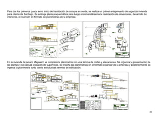 20
Para dar los primeros pasos en el inicio de tramitación de compra en verde, se realiza un primer anteproyecto de segunda vivienda
para cliente de Santiago. Se entrega planta esquemática para luego encomendárseme la realización de elevaciones, desarrollo de
interiores, e inserción en formato de planimetrías de la empresa.
En la vivienda de Álvaro Magasich se completa la planimetría con una lámina de cortes y elevaciones. Se organiza la presentación de
las plantas y se calcula el cuadro de superficies. Se inserta las planimetrías en el formato estándar de la empresa y posteriormente se
ingresa la planimetría junto con la solicitud de permiso de edificación.
 