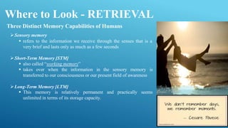 Where to Look - RETRIEVAL
Three Distinct Memory Capabilities of Humans
Sensory memory
 refers to the information we receive through the senses that is a
very brief and lasts only as much as a few seconds
Short-Term Memory [STM]
 also called “working memory”
 takes over when the information in the sensory memory is
transferred to our consciousness or our present field of awareness
Long-Term Memory [LTM]
 This memory is relatively permanent and practically seems
unlimited in terms of its storage capacity.
 