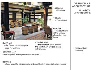 VERNACULAR
ARCHITECTURE
GUJARATH
ARCHITECTURE
• The PARASAL
– the verandah space around
the court; most utilized spaces
in the house. • DHUMADIYU
– chimney
• CHULHA
- Fireplace
•BAITHAK
– the formal reception space
– used for visitors.
• ORADA
– Central Hall
• CHOWK
– the Courtyard
is the primary
element of the
house.
•SLOPING
– sheds away the monsoon rains and provides loft space below for storage
• DIWANKHANA
– the large hall where guests were received.
 