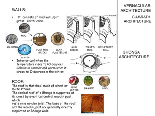 VERNACULAR
ARCHITECTURE
GUJARATH
ARCHITECTURE
WALLS:
• It consists of mud wall, split
grass, earth, cane.
• Interior cool when the
temperature rises to 40 degrees
Celsius in summer and warm when it
drops to 10 degrees in the winter.
ROOF:
The roof is thatched, made of wheat or
maize straws.
The conical roof of a Bhonga is supported at
its crest by a vertical central wooden post,
which
rests on a wooden joist. The base of the roof
and the wooden joist are generally directly
supported on Bhonga walls.
MUD
MASONRY
WATER
FLAT MUD
BRICKS
CLAY
PLASTERING
MUD
BRICKS
IN SITU
MUD
REINFORCED
WALL
SIKKI
LEAVES
BAMBOO HUSK
BHONGA
ARCHITECTURE
 