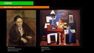 CUBISM
Pablo Picasso : Major Works
PabloPicasso
Portrait of Gertrude Stein
1906. Oil on Canvas.
Pablo Picasso
ThreeMusicians
1921.
 