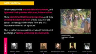 The Impressionists loosened their brushwork, and
lightened their palettes with pure, intense colors.
They abandoned traditional perspective, and they
avoided the clarity of form which, in earlier art,
serves to distinguish the more from the less
important elements of a picture.
This resulted in many critics accusing Impressionist
paintings of looking unfinished or amateurish.
IMPRESSIONISM
Edouard Manet Claude Monet Edgar Degas Pierre-Auguste Renoir Berthe Morisot Camille Pissarro
KEY
ARTISTS
CamillePissarro
Hay Harvest at Éragny
1901
 