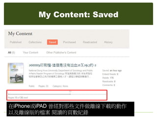My Content: Saved
在iPhone或iPAD 曾經對那些文件做離線下載的動作
以及離線版的檔案 閱讀的頁數紀錄
 