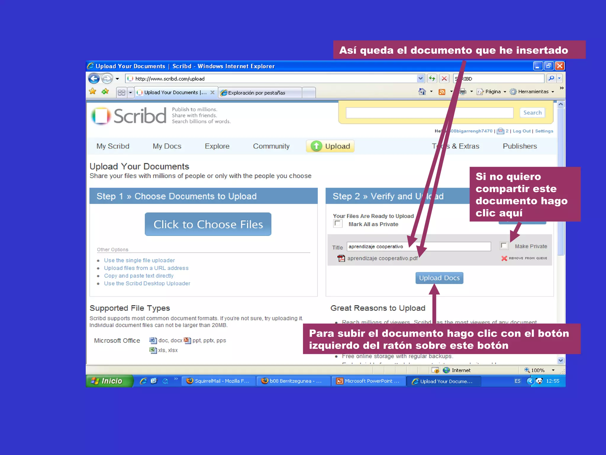 Así queda el documento que he insertado
Para subir el documento hago clic con el botón
izquierdo del ratón sobre este botón
Si no quiero
compartir este
documento hago
clic aquí
 