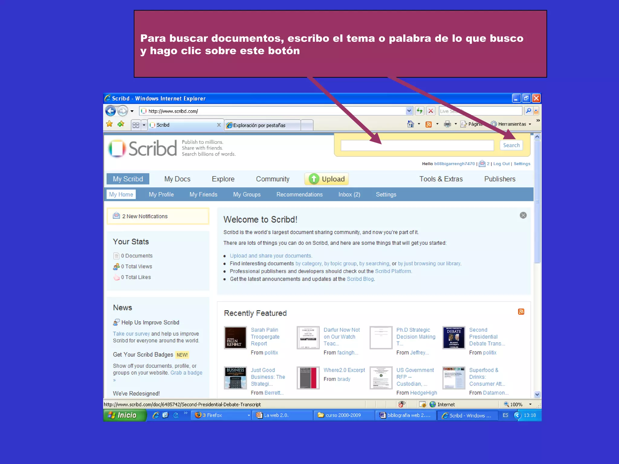 Para buscar documentos, escribo el tema o palabra de lo que busco
y hago clic sobre este botón
 