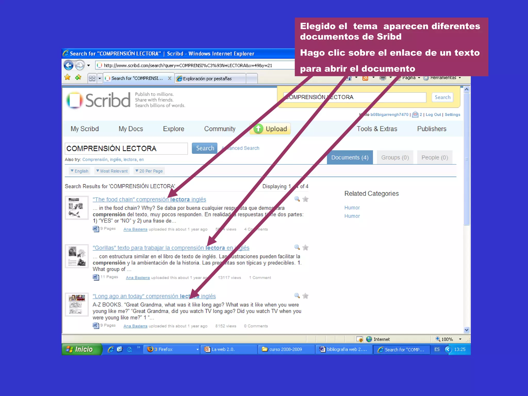 Elegido el tema aparecen diferentes
documentos de Sribd
Hago clic sobre el enlace de un texto
para abrir el documento
 