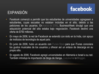 EXPANSIÓN Facebook comenzó a permitir que los estudiantes de universidades agregasen a estudiantes, cuyas escuelas no estaban incluidas en el sitio, debido a las peticiones de los usuarios. En  marzo de 2006 , BusinessWeek divulgó que una adquisición potencial del sitio estaba bajo negociación. Facebook declinó una oferta de $750 millones. En mayo de 2006, la red de Facebook se extendió con éxito en la India, con apoyo de institutos de tecnología de aquel país. En junio de 2006, hubo un acuerdo con  iTunes Store  para que iTunes conociera los gustos musicales de los usuarios y ofrecer así un enlace de descarga en su propio sitio. En agosto de 2006, Facebook agregó universidades en Alemania e Israel a su red. También introdujo la importación de blogs de Xanga,  LiveJournal  o  Blogger . 