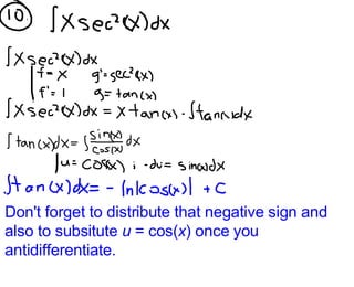 Don't forget to distribute that negative sign and also to subsitute  u  = cos( x ) once you antidifferentiate. 