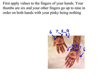 First apply values to the fingers of your hands. Your thumbs are six and your other fingers go up to nine in order on both hands with your pinky being nothing 