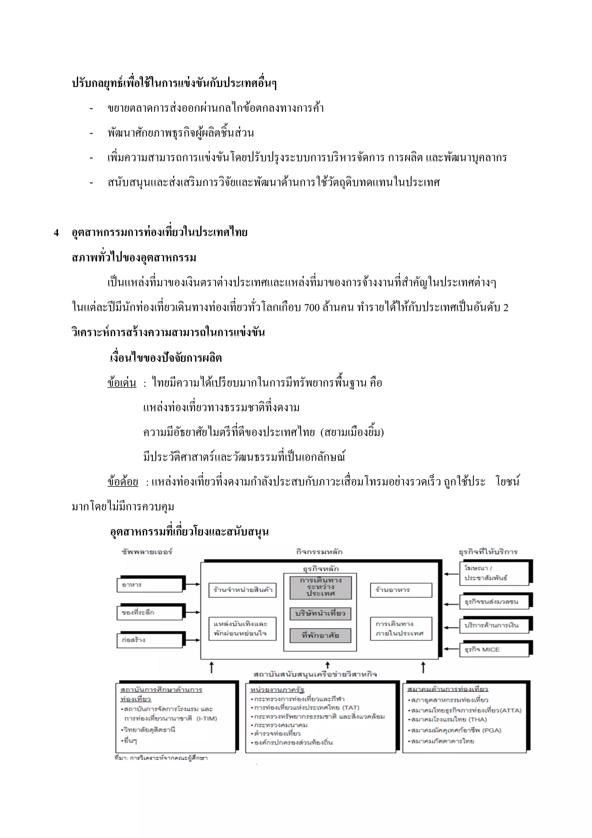 ปรับกลยุทธ์ เพือใช้ ในการแข่ งขันกับประเทศอืนๆ
                  ่                            ่
       - ขยายตลาดการส่งออกผ่านกลไกข้อตกลงทางการค้า
       - พัฒนาศักยภาพธุรกิจผูผลิตชิ้นส่วน
                             ้
       - เพิ่มความสามารถการแข่งขันโดยปรับปรุ งระบบการบริ หารจัดการ การผลิต และพัฒนาบุคลากร
       - สนับสนุนและส่งเสริ มการวิจยและพัฒนาด้านการใช้วตถุดิบทดแทนในประเทศ
                                   ั                   ั


4 อุตสาหกรรมการท่ องเที่ยวในประเทศไทย
   สภาพทั่วไปของอุตสาหกรรม
           เป็ นแหล่งที่มาของเงินตราต่างประเทศและแหล่งที่มาของการจ้างงานที่สาคัญในประเทศต่างๆ
   ในแต่ละปี มีนกท่องเที่ยวเดินทางท่องเที่ยวทัวโลกเกือบ 700 ล้านคน ทารายได้ให้กบประเทศเป็ นอันดับ 2
                ั                             ่                                ั
   วิเคราะห์ การสร้ างความสามารถในการแข่ งขัน
           เงื่อนไขของปัจจัยการผลิต
           ข้อเด่น : ไทยมีความได้เปรี ยบมากในการมีทรัพยากรพื้นฐาน คือ
                   แหล่งท่องเที่ยวทางธรรมชาติที่งดงาม
                   ความมีอธยาศัยไมตรี ที่ดีของประเทศไทย (สยามเมืองยิม)
                          ั                                         ้
                   มีประวัติศาสาตร์และวัฒนธรรมที่เป็ นเอกลักษณ์
           ข้อด้อย : แหล่งท่องเที่ยวที่งดงามกาลังประสบกับภาวะเสื่อมโทรมอย่างรวดเร็ ว ถูกใช้ประ โยชน์
   มากโดยไม่มีการควบคุม
           อุตสาหกรรมที่เกียวโยงและสนับสนุน
                           ่
 