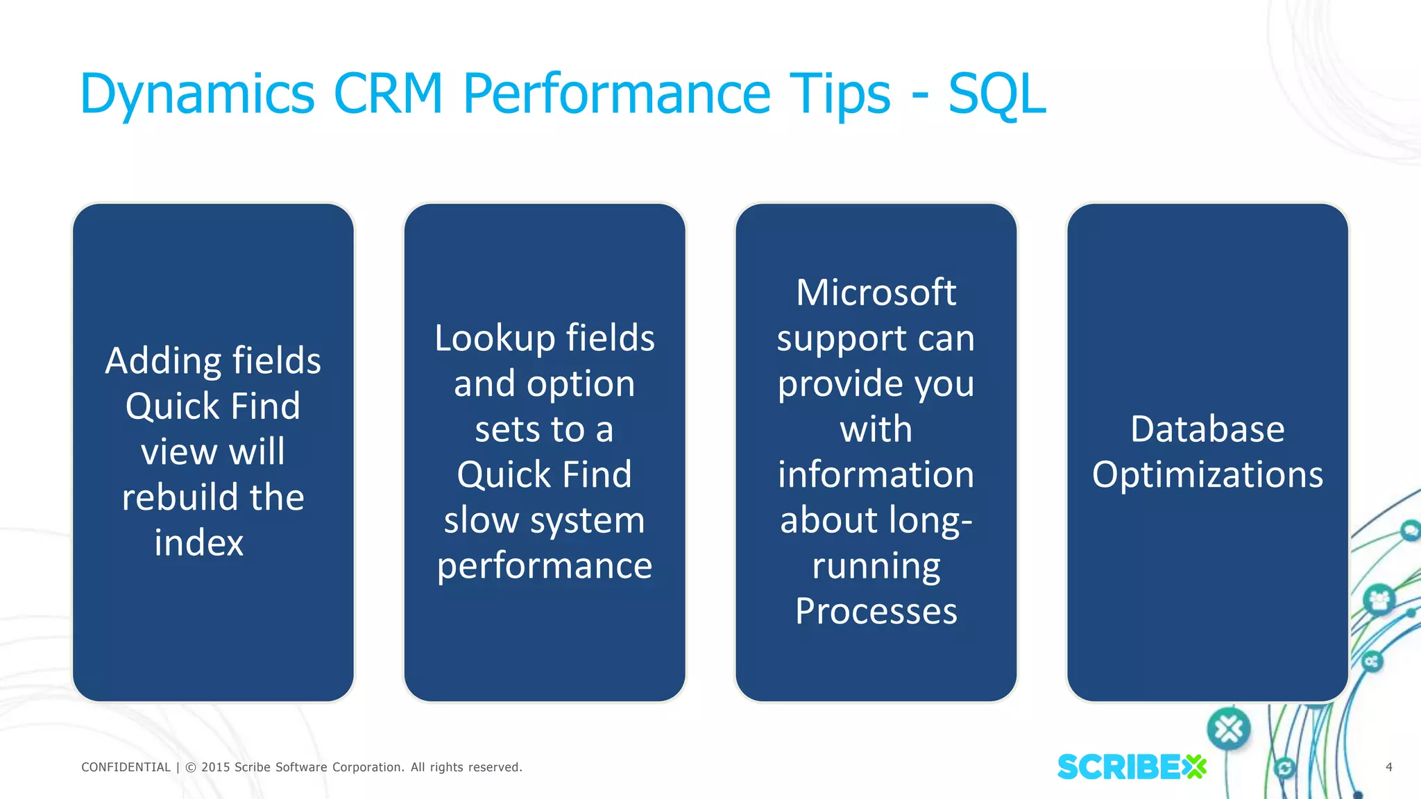CONFIDENTIAL | © 2015 Scribe Software Corporation. All rights reserved. 4
Dynamics CRM Performance Tips - SQL
Adding fields
Quick Find
view will
rebuild the
index
Lookup fields
and option
sets to a
Quick Find
slow system
performance
Microsoft
support can
provide you
with
information
about long-
running
Processes
Database
Optimizations
 