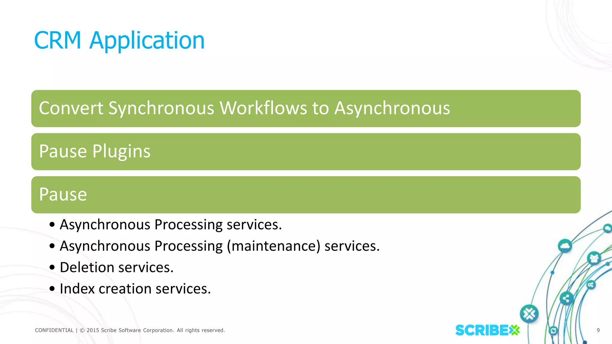 CONFIDENTIAL | © 2015 Scribe Software Corporation. All rights reserved. 9
CRM Application
Convert Synchronous Workflows to Asynchronous
Pause Plugins
Pause
• Asynchronous Processing services.
• Asynchronous Processing (maintenance) services.
• Deletion services.
• Index creation services.
 