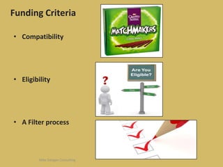 Funding Criteria
• Compatibility
• Eligibility
• A Filter process
Mike Deegan Consulting
 