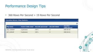 CONFIDENTIAL | © 2015 Scribe Software Corporation. All rights reserved. 21
Performance Design Tips
• 360 Rows Per Second > 19 Rows Per Second
 