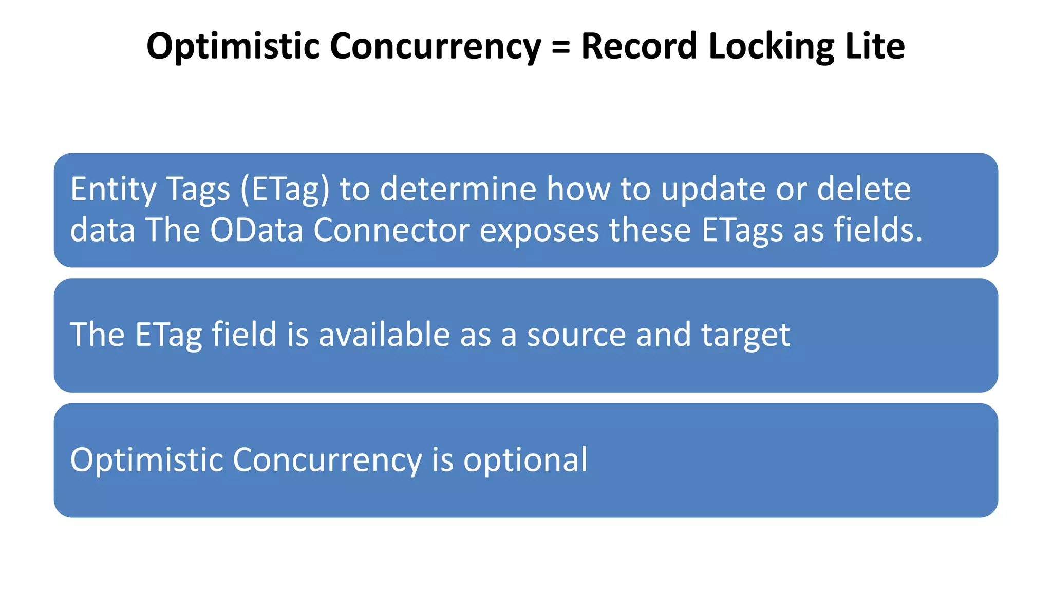 Optimistic Concurrency = Record Locking Lite
Entity Tags (ETag) to determine how to update or delete
data The OData Connector exposes these ETags as fields.
The ETag field is available as a source and target
Optimistic Concurrency is optional
 