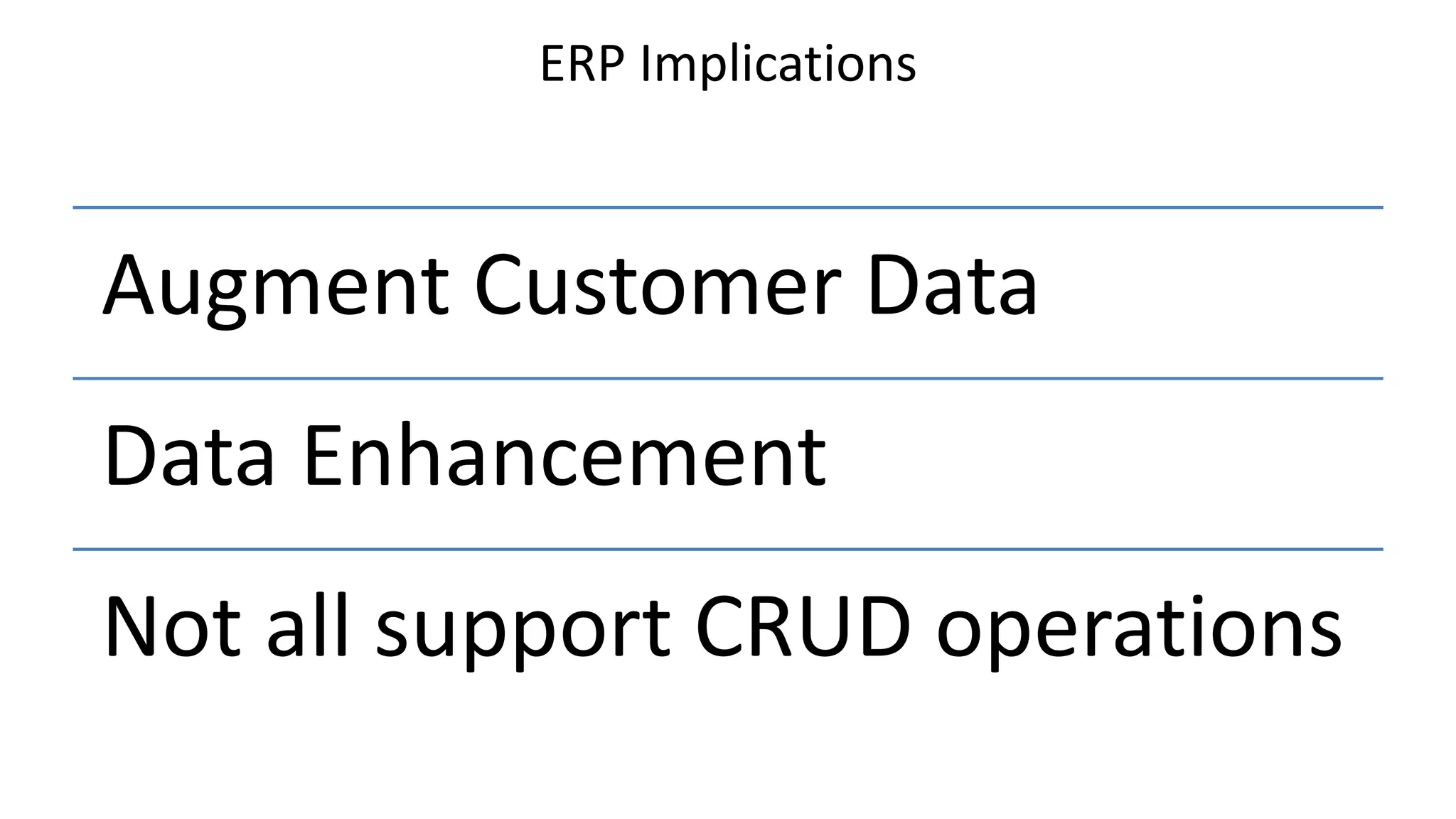 ERP Implications
Augment Customer Data
Data Enhancement
Not all support CRUD operations
 