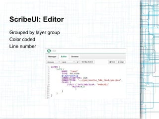 ScribeUI: Editor 
Grouped by layer group 
Color coded 
Line number 
 
