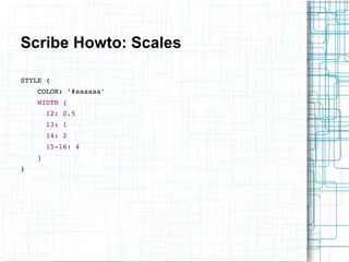 Scribe Howto: Scales 
STYLE { 
COLOR: '#aaaaaa' 
WIDTH { 
12: 0.5 
13: 1 
14: 2 
15­16: 
4 
} 
} 
 