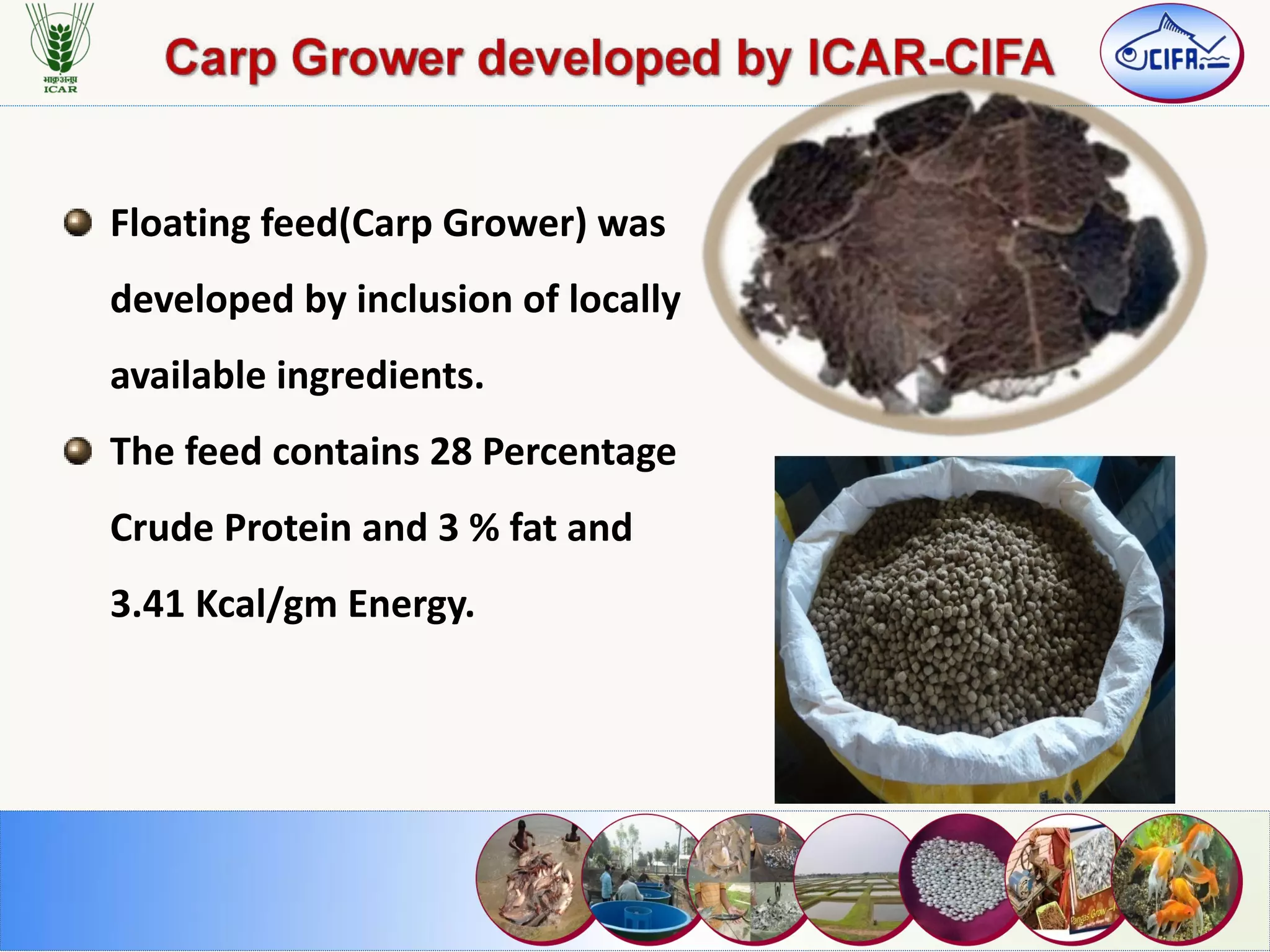 Floating feed(Carp Grower) was
developed by inclusion of locally
available ingredients.
The feed contains 28 Percentage
Crude Protein and 3 % fat and
3.41 Kcal/gm Energy.
 