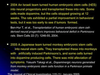  2004 An Israeli team turned human embryonic stem cells (hES)2004 An Israeli team turned human embryonic stem cells (hES)
into neural progenitors and transplanted these into rats. Someinto neural progenitors and transplanted these into rats. Some
cells made dopamine, but the cells stopped growing at 12cells made dopamine, but the cells stopped growing at 12
weeks. The rats exhibited a partial improvement in behavioralweeks. The rats exhibited a partial improvement in behavioral
tests, but it was too early to see if tumors formed.tests, but it was too early to see if tumors formed.
Ben-Hur T, et al.,Ben-Hur T, et al., Transplantation of human embryonic stem cell-Transplantation of human embryonic stem cell-
derived neural progenitors improves behavioral deficit in Parkinsonsderived neural progenitors improves behavioral deficit in Parkinsons
rats.rats. Stem Cells 22 (7): 1246-55, 2004.Stem Cells 22 (7): 1246-55, 2004.
 2005 A Japanese team turned monkey embryonic stem cells2005 A Japanese team turned monkey embryonic stem cells
into neural stem cells. They transplanted these into monkeysinto neural stem cells. They transplanted these into monkeys
with artificially induced Parkinsons’s, and some cells turnedwith artificially induced Parkinsons’s, and some cells turned
into dopamine producing cells. There was mild alleviation ofinto dopamine producing cells. There was mild alleviation of
symptoms.symptoms. Yasushi Takagi et al.,Yasushi Takagi et al., Dopaminergic neurons generatedDopaminergic neurons generated
from monkey embryonic stem cells function in a Parkinson primatefrom monkey embryonic stem cells function in a Parkinson primate
model.model.
 