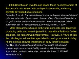 • 2006 Scientists in Sweden and Japan found no improvement of
Parkinson’s rats treated with embryonic stem cells, and many
animals developed severe tumors.
Brederlau A, et al., Transplantation of human embryonic stem cell-derived
cells to a rat model of parkinson’s disease: effect of in vitro differentiation
on graft survival and teratoma formation. Stem Cells express online
publication doi:10.1634/stemcells.2005-0393, March 23, 2006.
• 2006 Researchers turned embryonic stem cells into dopamine
producing cells, and when injected into rats with a Parkinson’s-like
condition, the rats showed improvement. However, in 100% of rats
the cells began to lose their specialization and grow uncontrollably.
All the animals showed indications of early tumor formation.
Roy N et al., Functional engraftment of human ES cell–derived
dopaminergic neurons enriched by coculture with telomerase-
immortalized midbrain astrocytes. Nature Medicine 12, 1259-68;
November 2006.
 