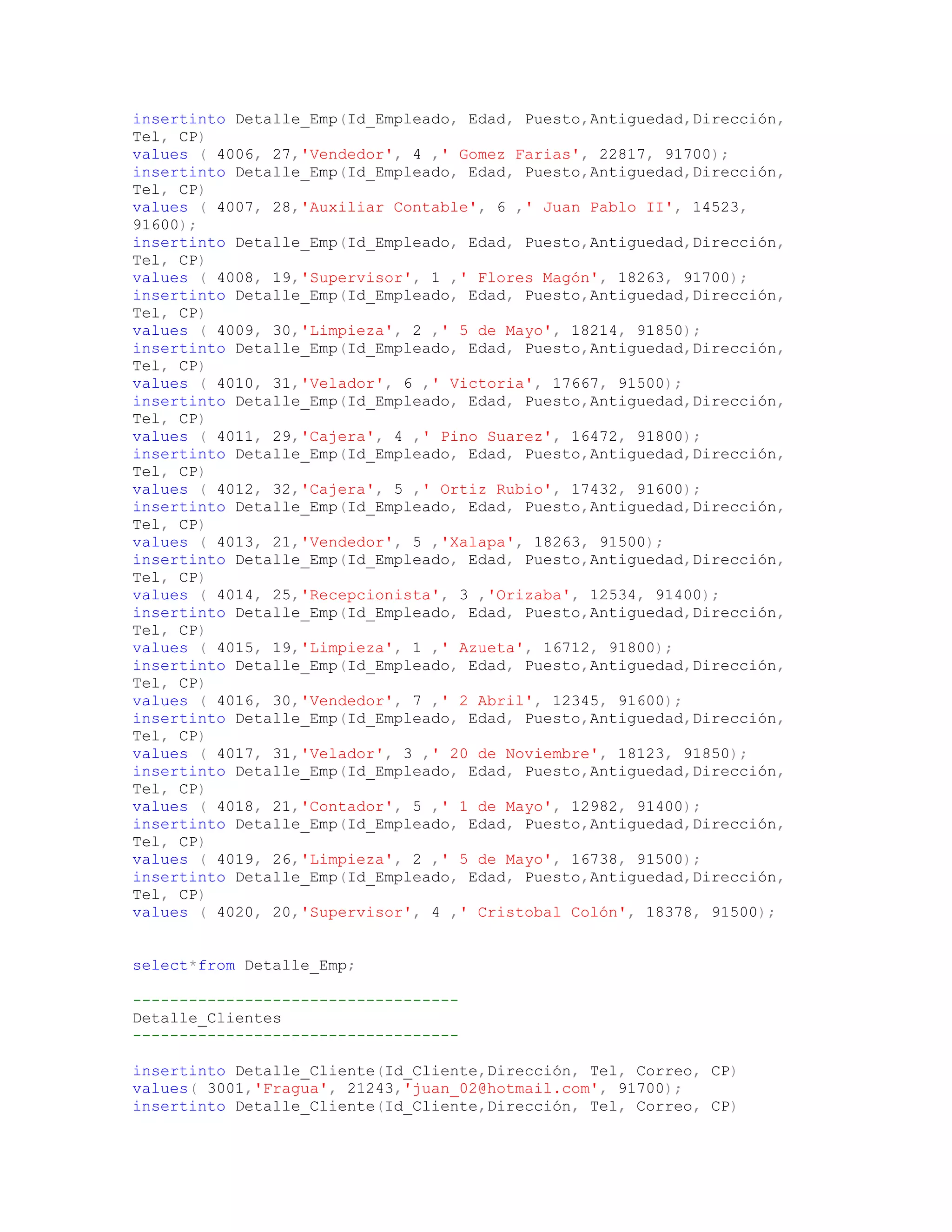insertinto Detalle_Emp(Id_Empleado, Edad, Puesto,Antiguedad,Dirección,
Tel, CP)
values ( 4006, 27,'Vendedor', 4 ,' Gomez Farias', 22817, 91700);
insertinto Detalle_Emp(Id_Empleado, Edad, Puesto,Antiguedad,Dirección,
Tel, CP)
values ( 4007, 28,'Auxiliar Contable', 6 ,' Juan Pablo II', 14523,
91600);
insertinto Detalle_Emp(Id_Empleado, Edad, Puesto,Antiguedad,Dirección,
Tel, CP)
values ( 4008, 19,'Supervisor', 1 ,' Flores Magón', 18263, 91700);
insertinto Detalle_Emp(Id_Empleado, Edad, Puesto,Antiguedad,Dirección,
Tel, CP)
values ( 4009, 30,'Limpieza', 2 ,' 5 de Mayo', 18214, 91850);
insertinto Detalle_Emp(Id_Empleado, Edad, Puesto,Antiguedad,Dirección,
Tel, CP)
values ( 4010, 31,'Velador', 6 ,' Victoria', 17667, 91500);
insertinto Detalle_Emp(Id_Empleado, Edad, Puesto,Antiguedad,Dirección,
Tel, CP)
values ( 4011, 29,'Cajera', 4 ,' Pino Suarez', 16472, 91800);
insertinto Detalle_Emp(Id_Empleado, Edad, Puesto,Antiguedad,Dirección,
Tel, CP)
values ( 4012, 32,'Cajera', 5 ,' Ortiz Rubio', 17432, 91600);
insertinto Detalle_Emp(Id_Empleado, Edad, Puesto,Antiguedad,Dirección,
Tel, CP)
values ( 4013, 21,'Vendedor', 5 ,'Xalapa', 18263, 91500);
insertinto Detalle_Emp(Id_Empleado, Edad, Puesto,Antiguedad,Dirección,
Tel, CP)
values ( 4014, 25,'Recepcionista', 3 ,'Orizaba', 12534, 91400);
insertinto Detalle_Emp(Id_Empleado, Edad, Puesto,Antiguedad,Dirección,
Tel, CP)
values ( 4015, 19,'Limpieza', 1 ,' Azueta', 16712, 91800);
insertinto Detalle_Emp(Id_Empleado, Edad, Puesto,Antiguedad,Dirección,
Tel, CP)
values ( 4016, 30,'Vendedor', 7 ,' 2 Abril', 12345, 91600);
insertinto Detalle_Emp(Id_Empleado, Edad, Puesto,Antiguedad,Dirección,
Tel, CP)
values ( 4017, 31,'Velador', 3 ,' 20 de Noviembre', 18123, 91850);
insertinto Detalle_Emp(Id_Empleado, Edad, Puesto,Antiguedad,Dirección,
Tel, CP)
values ( 4018, 21,'Contador', 5 ,' 1 de Mayo', 12982, 91400);
insertinto Detalle_Emp(Id_Empleado, Edad, Puesto,Antiguedad,Dirección,
Tel, CP)
values ( 4019, 26,'Limpieza', 2 ,' 5 de Mayo', 16738, 91500);
insertinto Detalle_Emp(Id_Empleado, Edad, Puesto,Antiguedad,Dirección,
Tel, CP)
values ( 4020, 20,'Supervisor', 4 ,' Cristobal Colón', 18378, 91500);


select*from Detalle_Emp;

-----------------------------------
Detalle_Clientes
-----------------------------------

insertinto Detalle_Cliente(Id_Cliente,Dirección, Tel, Correo, CP)
values( 3001,'Fragua', 21243,'juan_02@hotmail.com', 91700);
insertinto Detalle_Cliente(Id_Cliente,Dirección, Tel, Correo, CP)
 