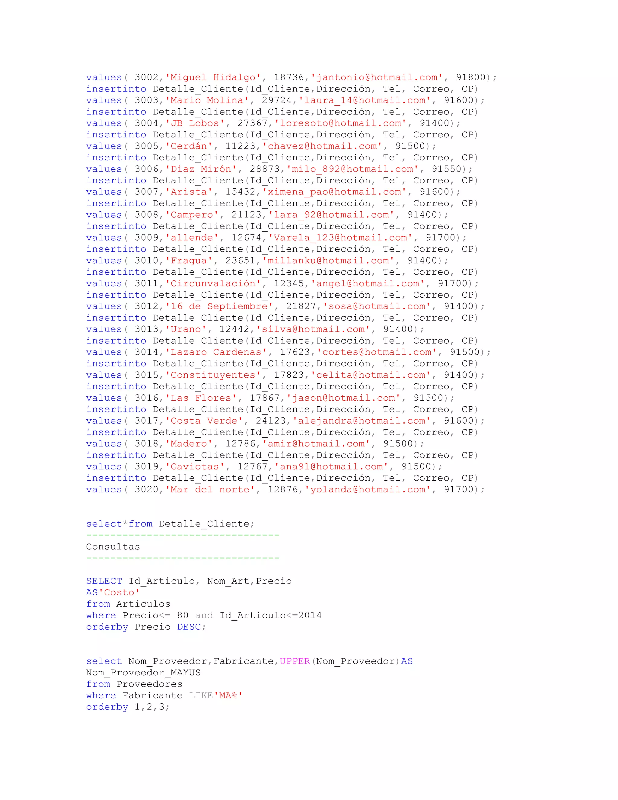 values( 3002,'Miguel Hidalgo', 18736,'jantonio@hotmail.com', 91800);
insertinto Detalle_Cliente(Id_Cliente,Dirección, Tel, Correo, CP)
values( 3003,'Mario Molina', 29724,'laura_14@hotmail.com', 91600);
insertinto Detalle_Cliente(Id_Cliente,Dirección, Tel, Correo, CP)
values( 3004,'JB Lobos', 27367,'loresoto@hotmail.com', 91400);
insertinto Detalle_Cliente(Id_Cliente,Dirección, Tel, Correo, CP)
values( 3005,'Cerdán', 11223,'chavez@hotmail.com', 91500);
insertinto Detalle_Cliente(Id_Cliente,Dirección, Tel, Correo, CP)
values( 3006,'Diaz Mirón', 28873,'milo_892@hotmail.com', 91550);
insertinto Detalle_Cliente(Id_Cliente,Dirección, Tel, Correo, CP)
values( 3007,'Arista', 15432,'ximena_pao@hotmail.com', 91600);
insertinto Detalle_Cliente(Id_Cliente,Dirección, Tel, Correo, CP)
values( 3008,'Campero', 21123,'lara_92@hotmail.com', 91400);
insertinto Detalle_Cliente(Id_Cliente,Dirección, Tel, Correo, CP)
values( 3009,'allende', 12674,'Varela_123@hotmail.com', 91700);
insertinto Detalle_Cliente(Id_Cliente,Dirección, Tel, Correo, CP)
values( 3010,'Fragua', 23651,'millanku@hotmail.com', 91400);
insertinto Detalle_Cliente(Id_Cliente,Dirección, Tel, Correo, CP)
values( 3011,'Circunvalación', 12345,'angel@hotmail.com', 91700);
insertinto Detalle_Cliente(Id_Cliente,Dirección, Tel, Correo, CP)
values( 3012,'16 de Septiembre', 21827,'sosa@hotmail.com', 91400);
insertinto Detalle_Cliente(Id_Cliente,Dirección, Tel, Correo, CP)
values( 3013,'Urano', 12442,'silva@hotmail.com', 91400);
insertinto Detalle_Cliente(Id_Cliente,Dirección, Tel, Correo, CP)
values( 3014,'Lazaro Cardenas', 17623,'cortes@hotmail.com', 91500);
insertinto Detalle_Cliente(Id_Cliente,Dirección, Tel, Correo, CP)
values( 3015,'Constituyentes', 17823,'celita@hotmail.com', 91400);
insertinto Detalle_Cliente(Id_Cliente,Dirección, Tel, Correo, CP)
values( 3016,'Las Flores', 17867,'jason@hotmail.com', 91500);
insertinto Detalle_Cliente(Id_Cliente,Dirección, Tel, Correo, CP)
values( 3017,'Costa Verde', 24123,'alejandra@hotmail.com', 91600);
insertinto Detalle_Cliente(Id_Cliente,Dirección, Tel, Correo, CP)
values( 3018,'Madero', 12786,'amir@hotmail.com', 91500);
insertinto Detalle_Cliente(Id_Cliente,Dirección, Tel, Correo, CP)
values( 3019,'Gaviotas', 12767,'ana91@hotmail.com', 91500);
insertinto Detalle_Cliente(Id_Cliente,Dirección, Tel, Correo, CP)
values( 3020,'Mar del norte', 12876,'yolanda@hotmail.com', 91700);


select*from Detalle_Cliente;
--------------------------------
Consultas
--------------------------------

SELECT Id_Articulo, Nom_Art,Precio
AS'Costo'
from Articulos
where Precio<= 80 and Id_Articulo<=2014
orderby Precio DESC;


select Nom_Proveedor,Fabricante,UPPER(Nom_Proveedor)AS
Nom_Proveedor_MAYUS
from Proveedores
where Fabricante LIKE'MA%'
orderby 1,2,3;
 