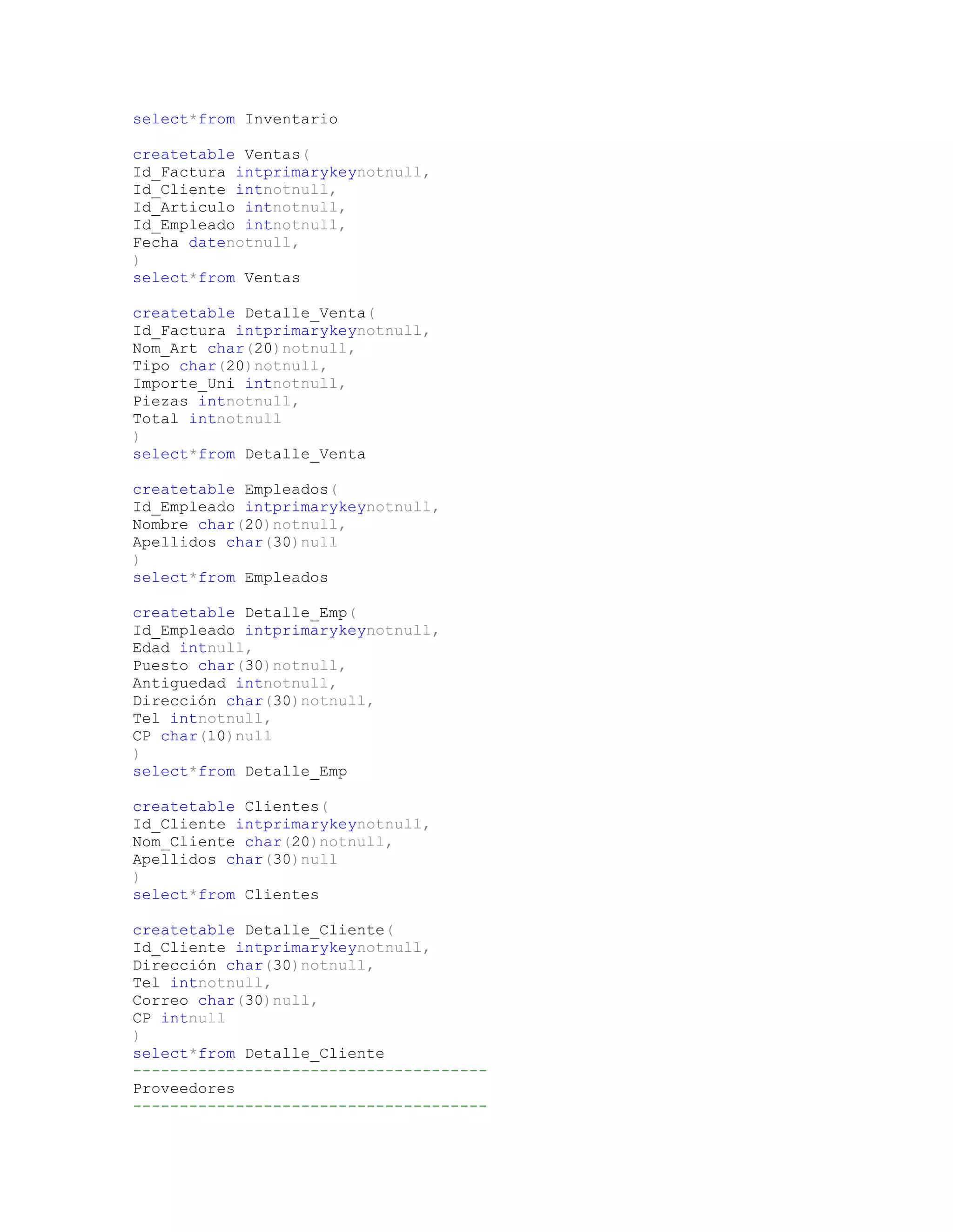 select*from Inventario

createtable Ventas(
Id_Factura intprimarykeynotnull,
Id_Cliente intnotnull,
Id_Articulo intnotnull,
Id_Empleado intnotnull,
Fecha datenotnull,
)
select*from Ventas

createtable Detalle_Venta(
Id_Factura intprimarykeynotnull,
Nom_Art char(20)notnull,
Tipo char(20)notnull,
Importe_Uni intnotnull,
Piezas intnotnull,
Total intnotnull
)
select*from Detalle_Venta

createtable Empleados(
Id_Empleado intprimarykeynotnull,
Nombre char(20)notnull,
Apellidos char(30)null
)
select*from Empleados

createtable Detalle_Emp(
Id_Empleado intprimarykeynotnull,
Edad intnull,
Puesto char(30)notnull,
Antiguedad intnotnull,
Dirección char(30)notnull,
Tel intnotnull,
CP char(10)null
)
select*from Detalle_Emp

createtable Clientes(
Id_Cliente intprimarykeynotnull,
Nom_Cliente char(20)notnull,
Apellidos char(30)null
)
select*from Clientes

createtable Detalle_Cliente(
Id_Cliente intprimarykeynotnull,
Dirección char(30)notnull,
Tel intnotnull,
Correo char(30)null,
CP intnull
)
select*from Detalle_Cliente
--------------------------------------
Proveedores
--------------------------------------
 