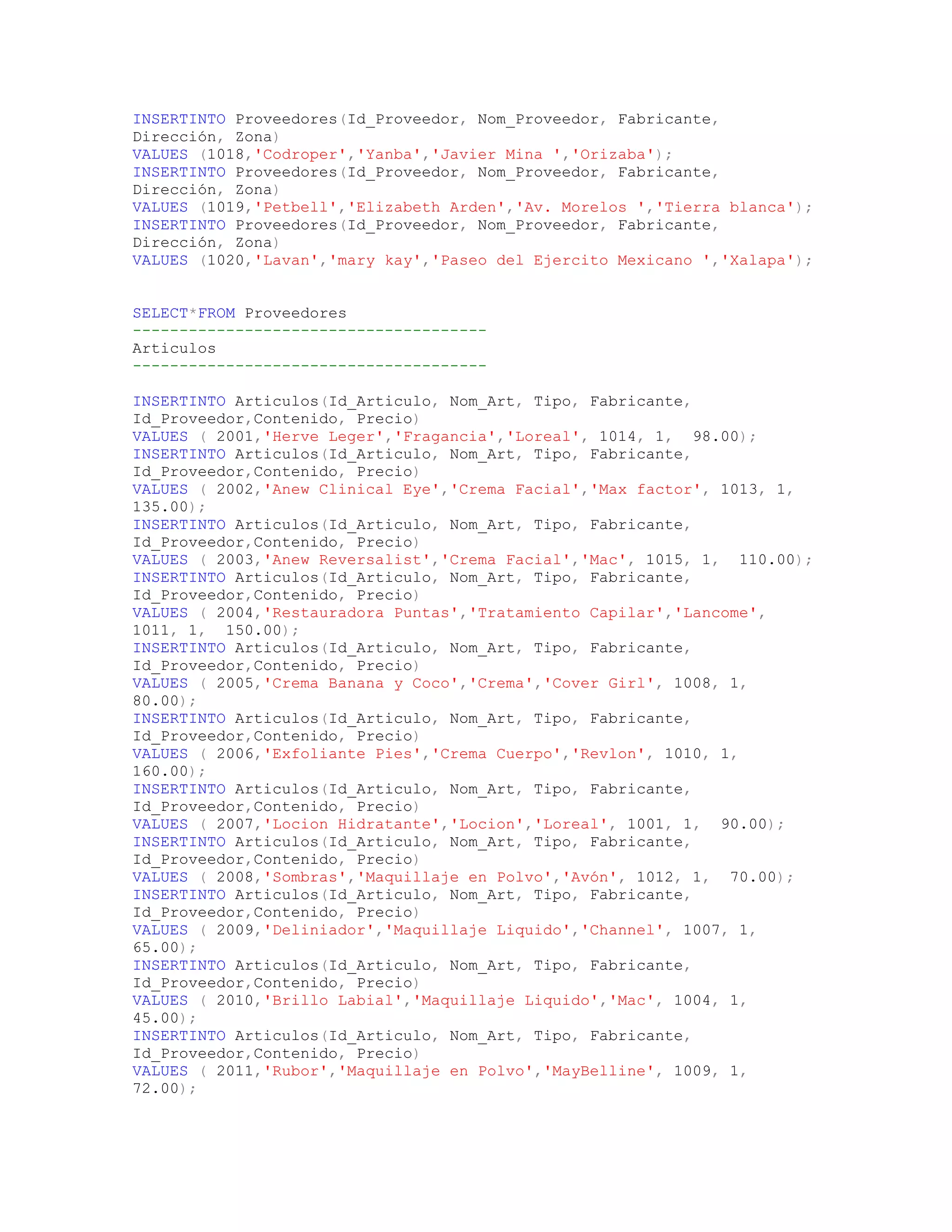 INSERTINTO Proveedores(Id_Proveedor, Nom_Proveedor, Fabricante,
Dirección, Zona)
VALUES (1018,'Codroper','Yanba','Javier Mina ','Orizaba');
INSERTINTO Proveedores(Id_Proveedor, Nom_Proveedor, Fabricante,
Dirección, Zona)
VALUES (1019,'Petbell','Elizabeth Arden','Av. Morelos ','Tierra blanca');
INSERTINTO Proveedores(Id_Proveedor, Nom_Proveedor, Fabricante,
Dirección, Zona)
VALUES (1020,'Lavan','mary kay','Paseo del Ejercito Mexicano ','Xalapa');


SELECT*FROM Proveedores
--------------------------------------
Articulos
--------------------------------------

INSERTINTO Articulos(Id_Articulo, Nom_Art, Tipo, Fabricante,
Id_Proveedor,Contenido, Precio)
VALUES ( 2001,'Herve Leger','Fragancia','Loreal', 1014, 1, 98.00);
INSERTINTO Articulos(Id_Articulo, Nom_Art, Tipo, Fabricante,
Id_Proveedor,Contenido, Precio)
VALUES ( 2002,'Anew Clinical Eye','Crema Facial','Max factor', 1013, 1,
135.00);
INSERTINTO Articulos(Id_Articulo, Nom_Art, Tipo, Fabricante,
Id_Proveedor,Contenido, Precio)
VALUES ( 2003,'Anew Reversalist','Crema Facial','Mac', 1015, 1, 110.00);
INSERTINTO Articulos(Id_Articulo, Nom_Art, Tipo, Fabricante,
Id_Proveedor,Contenido, Precio)
VALUES ( 2004,'Restauradora Puntas','Tratamiento Capilar','Lancome',
1011, 1, 150.00);
INSERTINTO Articulos(Id_Articulo, Nom_Art, Tipo, Fabricante,
Id_Proveedor,Contenido, Precio)
VALUES ( 2005,'Crema Banana y Coco','Crema','Cover Girl', 1008, 1,
80.00);
INSERTINTO Articulos(Id_Articulo, Nom_Art, Tipo, Fabricante,
Id_Proveedor,Contenido, Precio)
VALUES ( 2006,'Exfoliante Pies','Crema Cuerpo','Revlon', 1010, 1,
160.00);
INSERTINTO Articulos(Id_Articulo, Nom_Art, Tipo, Fabricante,
Id_Proveedor,Contenido, Precio)
VALUES ( 2007,'Locion Hidratante','Locion','Loreal', 1001, 1, 90.00);
INSERTINTO Articulos(Id_Articulo, Nom_Art, Tipo, Fabricante,
Id_Proveedor,Contenido, Precio)
VALUES ( 2008,'Sombras','Maquillaje en Polvo','Avón', 1012, 1, 70.00);
INSERTINTO Articulos(Id_Articulo, Nom_Art, Tipo, Fabricante,
Id_Proveedor,Contenido, Precio)
VALUES ( 2009,'Deliniador','Maquillaje Liquido','Channel', 1007, 1,
65.00);
INSERTINTO Articulos(Id_Articulo, Nom_Art, Tipo, Fabricante,
Id_Proveedor,Contenido, Precio)
VALUES ( 2010,'Brillo Labial','Maquillaje Liquido','Mac', 1004, 1,
45.00);
INSERTINTO Articulos(Id_Articulo, Nom_Art, Tipo, Fabricante,
Id_Proveedor,Contenido, Precio)
VALUES ( 2011,'Rubor','Maquillaje en Polvo','MayBelline', 1009, 1,
72.00);
 