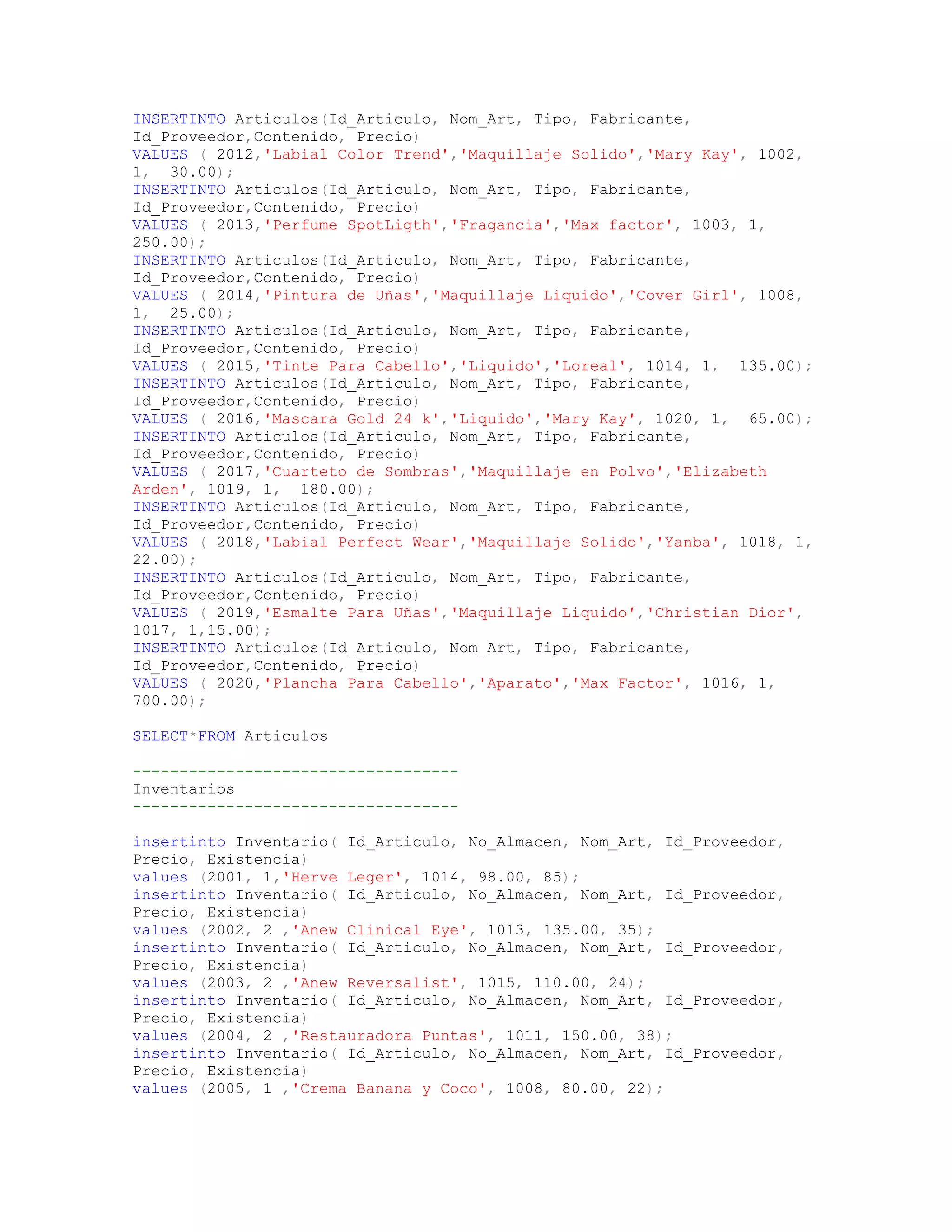 INSERTINTO Articulos(Id_Articulo, Nom_Art, Tipo, Fabricante,
Id_Proveedor,Contenido, Precio)
VALUES ( 2012,'Labial Color Trend','Maquillaje Solido','Mary Kay', 1002,
1, 30.00);
INSERTINTO Articulos(Id_Articulo, Nom_Art, Tipo, Fabricante,
Id_Proveedor,Contenido, Precio)
VALUES ( 2013,'Perfume SpotLigth','Fragancia','Max factor', 1003, 1,
250.00);
INSERTINTO Articulos(Id_Articulo, Nom_Art, Tipo, Fabricante,
Id_Proveedor,Contenido, Precio)
VALUES ( 2014,'Pintura de Uñas','Maquillaje Liquido','Cover Girl', 1008,
1, 25.00);
INSERTINTO Articulos(Id_Articulo, Nom_Art, Tipo, Fabricante,
Id_Proveedor,Contenido, Precio)
VALUES ( 2015,'Tinte Para Cabello','Liquido','Loreal', 1014, 1, 135.00);
INSERTINTO Articulos(Id_Articulo, Nom_Art, Tipo, Fabricante,
Id_Proveedor,Contenido, Precio)
VALUES ( 2016,'Mascara Gold 24 k','Liquido','Mary Kay', 1020, 1, 65.00);
INSERTINTO Articulos(Id_Articulo, Nom_Art, Tipo, Fabricante,
Id_Proveedor,Contenido, Precio)
VALUES ( 2017,'Cuarteto de Sombras','Maquillaje en Polvo','Elizabeth
Arden', 1019, 1, 180.00);
INSERTINTO Articulos(Id_Articulo, Nom_Art, Tipo, Fabricante,
Id_Proveedor,Contenido, Precio)
VALUES ( 2018,'Labial Perfect Wear','Maquillaje Solido','Yanba', 1018, 1,
22.00);
INSERTINTO Articulos(Id_Articulo, Nom_Art, Tipo, Fabricante,
Id_Proveedor,Contenido, Precio)
VALUES ( 2019,'Esmalte Para Uñas','Maquillaje Liquido','Christian Dior',
1017, 1,15.00);
INSERTINTO Articulos(Id_Articulo, Nom_Art, Tipo, Fabricante,
Id_Proveedor,Contenido, Precio)
VALUES ( 2020,'Plancha Para Cabello','Aparato','Max Factor', 1016, 1,
700.00);

SELECT*FROM Articulos

-----------------------------------
Inventarios
-----------------------------------

insertinto Inventario( Id_Articulo, No_Almacen, Nom_Art, Id_Proveedor,
Precio, Existencia)
values (2001, 1,'Herve Leger', 1014, 98.00, 85);
insertinto Inventario( Id_Articulo, No_Almacen, Nom_Art, Id_Proveedor,
Precio, Existencia)
values (2002, 2 ,'Anew Clinical Eye', 1013, 135.00, 35);
insertinto Inventario( Id_Articulo, No_Almacen, Nom_Art, Id_Proveedor,
Precio, Existencia)
values (2003, 2 ,'Anew Reversalist', 1015, 110.00, 24);
insertinto Inventario( Id_Articulo, No_Almacen, Nom_Art, Id_Proveedor,
Precio, Existencia)
values (2004, 2 ,'Restauradora Puntas', 1011, 150.00, 38);
insertinto Inventario( Id_Articulo, No_Almacen, Nom_Art, Id_Proveedor,
Precio, Existencia)
values (2005, 1 ,'Crema Banana y Coco', 1008, 80.00, 22);
 