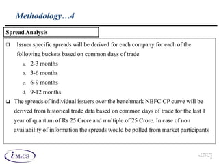 © IMaCS 2012
Printed 27-Sep-13
17
Methodology…4
 Issuer specific spreads will be derived for each company for each of the
following buckets based on common days of trade
a. 2-3 months
b. 3-6 months
c. 6-9 months
d. 9-12 months
 The spreads of individual issuers over the benchmark NBFC CP curve will be
derived from historical trade data based on common days of trade for the last 1
year of quantum of Rs 25 Crore and multiple of 25 Crore. In case of non
availability of information the spreads would be polled from market participants
Spread Analysis
 