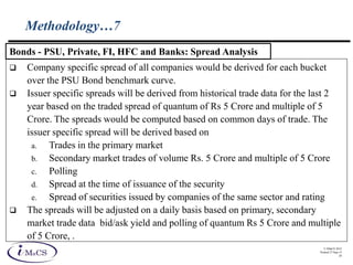 © IMaCS 2012
Printed 27-Sep-13
20
Methodology…7
 Company specific spread of all companies would be derived for each bucket
over the PSU Bond benchmark curve.
 Issuer specific spreads will be derived from historical trade data for the last 2
year based on the traded spread of quantum of Rs 5 Crore and multiple of 5
Crore. The spreads would be computed based on common days of trade. The
issuer specific spread will be derived based on
a. Trades in the primary market
b. Secondary market trades of volume Rs. 5 Crore and multiple of 5 Crore
c. Polling
d. Spread at the time of issuance of the security
e. Spread of securities issued by companies of the same sector and rating
 The spreads will be adjusted on a daily basis based on primary, secondary
market trade data bid/ask yield and polling of quantum Rs 5 Crore and multiple
of 5 Crore, .
Bonds - PSU, Private, FI, HFC and Banks: Spread Analysis
 