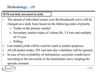 © IMaCS 2012
Printed 27-Sep-13
23
Methodology…10
1. The spread of individual issuers over the benchmark curve will be
changed on a daily basis based on the following order of priority
a. Trades in the primary market
b. Secondary market trades of volume Rs. 5 Crore and multiple
of 5 Crore
c. Polling
2. Last traded yields will be used for mark to market purposes.
3. All off market trades, IST and intra day volatilities will be ignored.
4. In case of non availability of information, securities would move
according to the movement in the benchmark curve, keeping the
spreads constant.
MTM and daily movement in yields
 