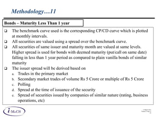 © IMaCS 2012
Printed 27-Sep-13
24
Methodology…11
 The benchmark curve used is the corresponding CP/CD curve which is plotted
at monthly intervals.
 All securities are valued using a spread over the benchmark curve.
 All securities of same issuer and maturity month are valued at same levels.
Higher spread is used for bonds with deemed maturity (put/call on same date)
falling in less than 1 year period as compared to plain vanilla bonds of similar
maturity
 The issuer spread will be derived based on
a. Trades in the primary market
b. Secondary market trades of volume Rs 5 Crore or multiple of Rs 5 Crore
c. Polling
d. Spread at the time of issuance of the security
e. Spread of securities issued by companies of similar nature (rating, business
operations, etc)
Bonds – Maturity Less Than 1 year
 